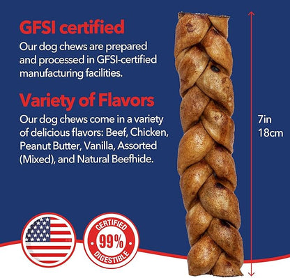 Pet Factory 7in Braided Beefhide Dog Chew Sticks with Peanut Butter Flavor - 100% USA Made Rawhide Chews for Medium Dogs,Long Lasting Dental Health,7 inches,6 Count (Pack of 2)