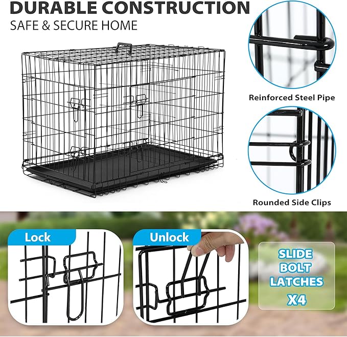 BestPet | 42" Dog Crate | Black | Foldable Metal Kennel with Double Doors, Secure Slide-Bolt Latches, Leakproof Tray | Portable Dog Cage for Large Breeds | for Travel, Indoor & Outdoor Use