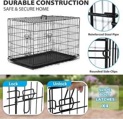 BestPet | 42" Dog Crate | Black | Foldable Metal Kennel with Double Doors, Secure Slide-Bolt Latches, Leakproof Tray | Portable Dog Cage for Large Breeds | for Travel, Indoor & Outdoor Use