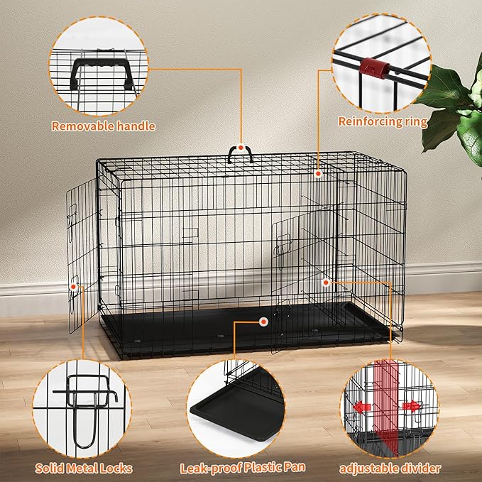 FDW Dog Crate 42-Inch Dog Cage Single Door Foldable Metal Kennel with Leakproof Tray Foldable Design Indoor Outdoor Use for Large Dogs,Dark Black