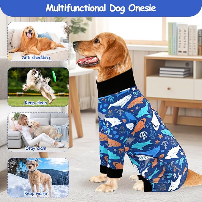 Etdane Dog Surgery Suit Recovery Suit for Dogs Female Spay, Male Neuter Dog Onesie After Surgery Surgical Bodysuits Anti Shedding Suit Sharks/M