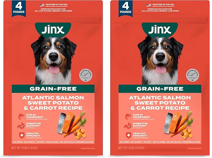 Jinx Premium Grain-Free Dry Dog Food, for All Lifestages - Real Salmon, Sweet Potato & Carrot Puppy Kibble with Superfoods for Immune Support & Probiotics for Digestive Support - No Fillers - 4lb