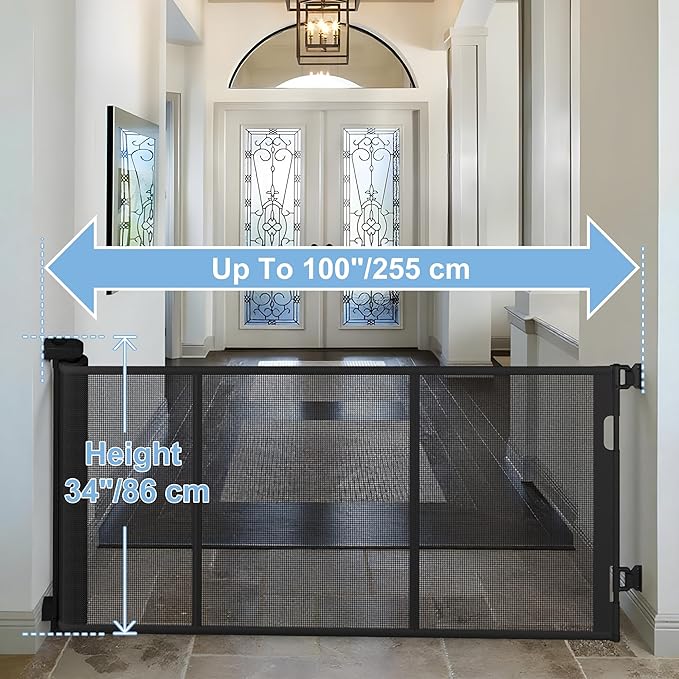 100 inches Retractable Baby Gate, 34 inches Tall Extra Wide Mesh Safety Gate for Open Floor Plans, Wide Doorways, Baby and Pet Barrier for Indoor Outdoor Use, Black