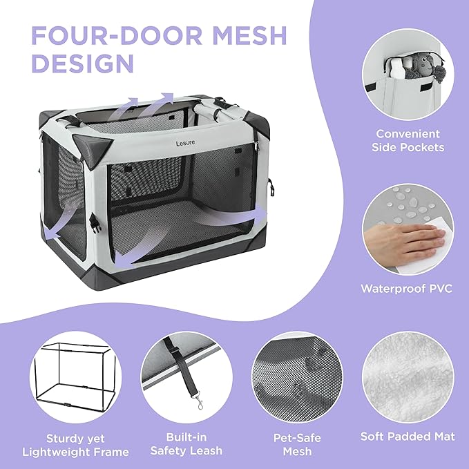 Lesure Collapsible Dog Crate - Portable Travel Kennel for Large Dog, 4-Door Pet Crate with Mesh Windows, Indoor & Outdoor, Charcoal Gray