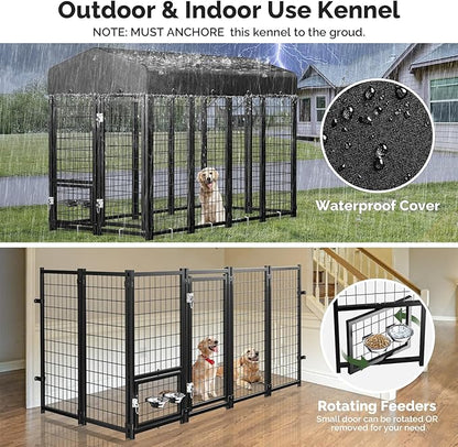 Sino Luban Outdoor Dog Kennel Outside Run with Doggy Door, Swivel Feeder&Roof - 8x4x6FT Large Dog Kennels Pens Outside for Large Dogs Breed- Heavy Duty Cage Yard (Can Connect to Your Dog House)