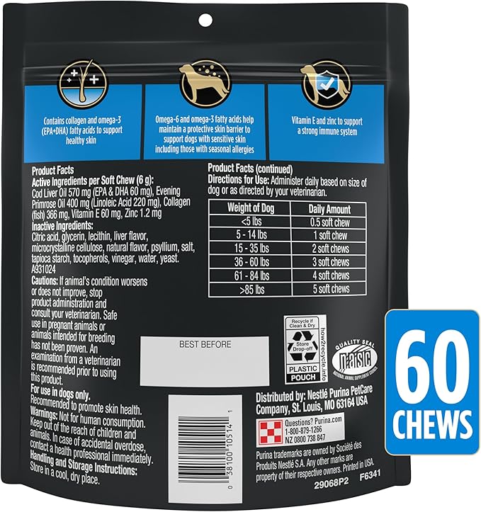 Purina Pro Plan Veterinary Supplements Skin Care Dog Supplements with Omega-3 Fish Oil and EPA and DHA - (Pack of 1) 60 ct. Pouches