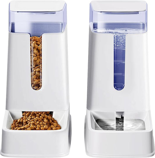2 Packs Automatic Cat Feeder and Waterer, Gravity Dog Food and Water Dispenser Set for Small Medium Big Pets Cats Dogs Puppy Kitten, 1 Gallon x 2 (White)