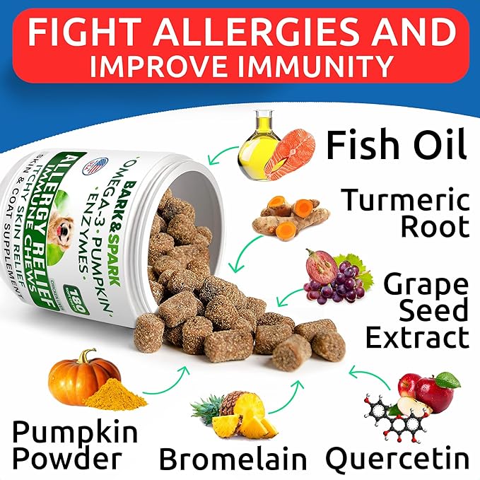 BARK&SPARK Dog Allergy Relief Soft Chews for Skin Health & Seasonal Allergies - Anti-Itch Supplement w/Omega-3, Quercetin & Bromelain Immune Treats for Dry Skin & Hot Spots - Chicken Liver - 360ct