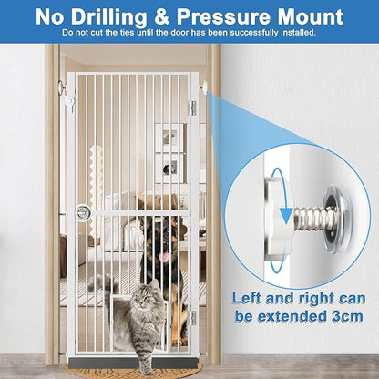 61" Extra Tall Cat Gate for Doorway, 30.2"-32.6" Adjustable Wide Dog Door with Cat Door, 1.37" Gap for Pet Gates, Suitable for Doorways or Kitchen, No Drilling Pressure Mount Kit, White