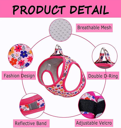 Moonpet Step in Dog Harness Leash Set- All Weather Reflective No-Pull Floral Pattern Padded Mesh Vest Harness for Cats Puppy Extra-Small Small Medium Large Dogs - Romantic Sakura - XS