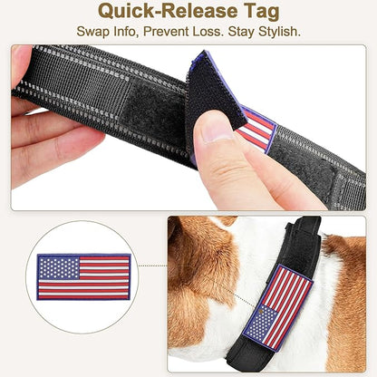 KCUCOP Heavy Duty Tactical Dog Collar and Leash Set, Military Training Nylon Reflective Collar with Handle Metal Buckle for Medium Large Dogs, Black, M (1 Patch Included)