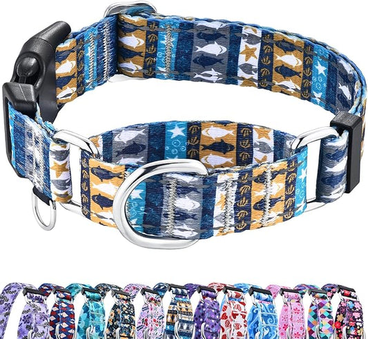 Reflective Martingale Collar with Buckle Shark Starfish Ethnic Stripe Adjustable Designer Dog Collars (Underwater World, Large)