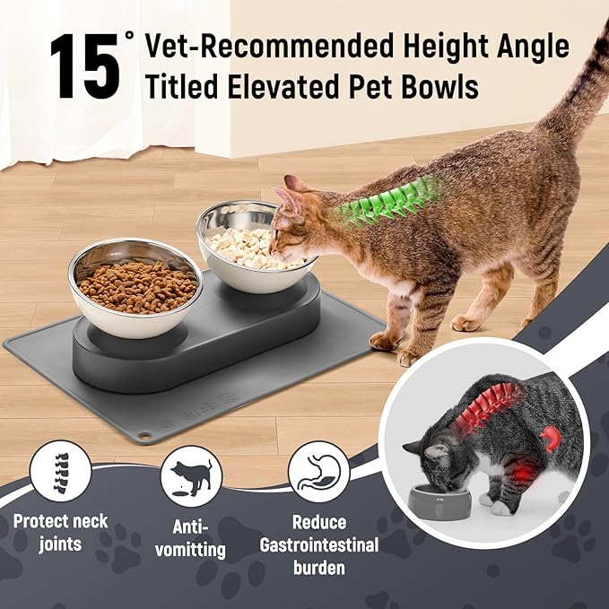 Marchul Stainless Steel Elevated Dog Food Bowls Set with Spill Proof Dish Mat, Raised Tilted Cat Bowl for Healthy Digestion, 1-Second Detachable & Dishwasher Safe