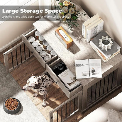 Dog Crate Furniture, Wooden Dog Kennel Furniture, Heavy-Duty Dog Crate End Table with Storage Drawers, Double Doors Decorative Pet Cage House Indoor for Small Medium Dog, 40Inch, Gray
