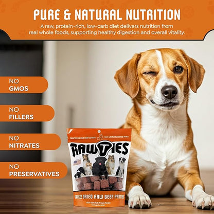Premium Freeze-Dried Raw Beef Patties for Dogs – 100% USA-Sourced Raw Meat Dog Food – Grain-Free, No Fillers, High Protein Nutrition for Small & Large Breeds