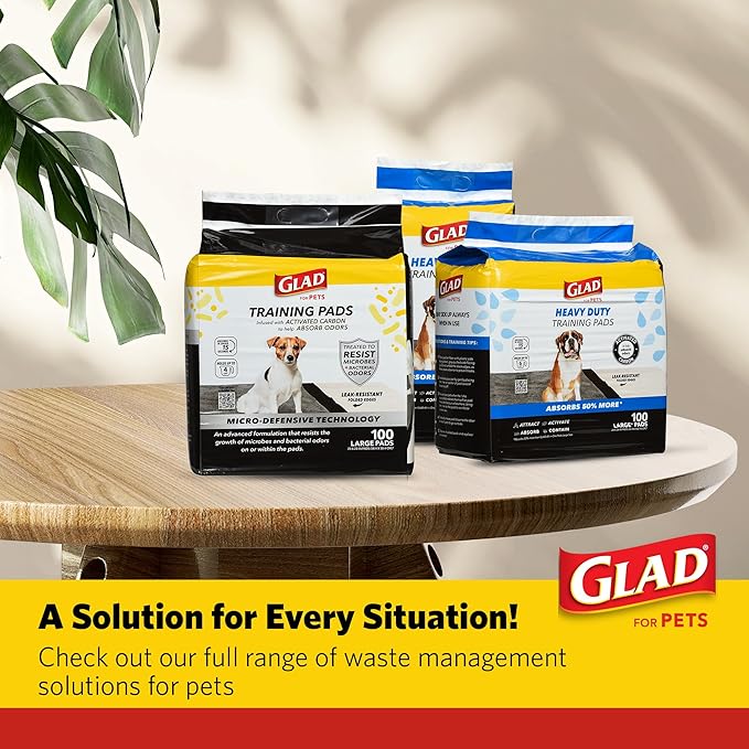 Glad for Pets Activated Carbon Dog Training Pads with Anti-Microbial Technology, Odor Eliminator Pee Mats for Dogs, 6-Layer Leak-Proof Heavy Duty Indoor Puppy Potty Pads, 23 x 23 Inches, 30 Count