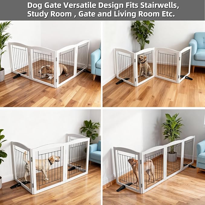 ZJSF Freestanding Dog Fence Indoor, Foldable Dog Gate for Doorways, Stairs or Hallways, Sturdy Wood Extra Wide Pet Gate with Support Feet for The House, White, 32 "Height-4 Panels