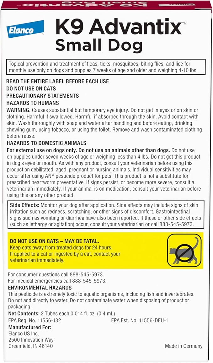 K9 Advantix Flea, Tick & Mosquito Prevention for Dogs 4-10 lbs. | Flea Drops for Small Dogs | Apply Monthly | 4 Treatments (Pack of 2)