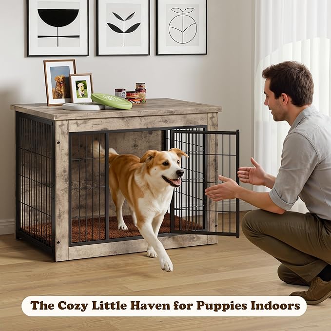 Dog Crate Furniture with Thick Cushion, Side End Table Wooden Dog Cage with Double Doors, Chew-Resistant Dog Kennel Dog House Indoor for Small to Large Dog