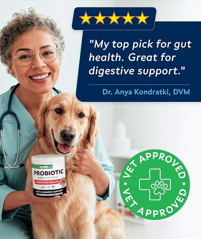 STRELLALAB Dog Probiotics Chews + Enzymes Gut Health Support - Anti Gas, Diarrhea and Upset Stomach Immune Supplement - Digestion Treats with Fiber (180Ct, Chicken)