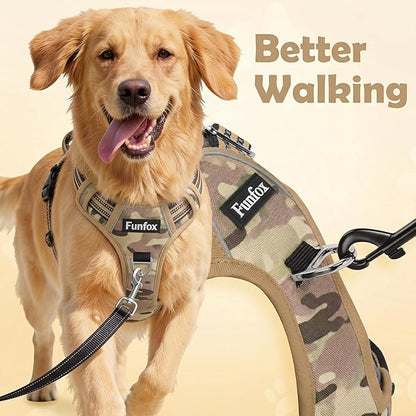 Funfox Dog Harness No Pull, Adjustable Pet Vest Harness, Super Soft Material with Vertical Handle Easy Control, Reflective Night Walking, 2 Leash Clips for Medium Sized Dogs, Camo Brown, M