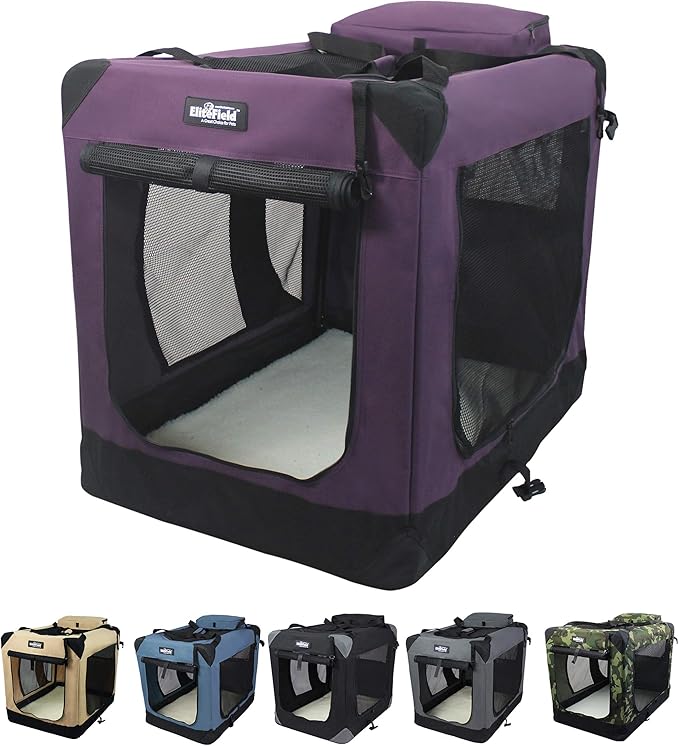 EliteField 3-Door Folding Soft Dog Crate with Carrying Bag and Fleece Bed (2 Year Warranty), Indoor & Outdoor Pet Home (20" L x 14" W x 14" H, Purple)