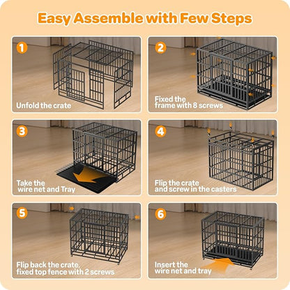 Hiwokk 48 Inch Heavy Duty Dog Crate, Indestructible Escape-Proof Dog Kennel for High Anxiety Large Dogs, Strong Metal Pet Cage with Double Doors, Lockable Wheels & Removable Tray, XL XXL XXXL