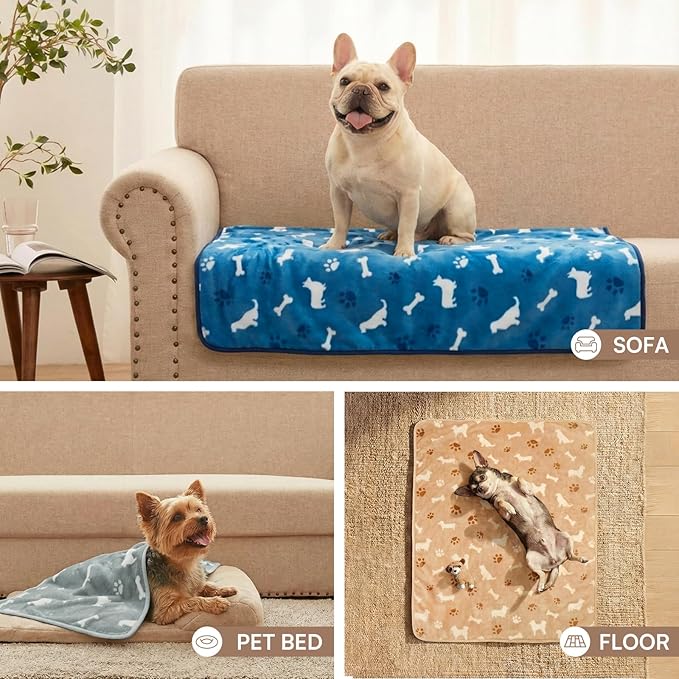 Luciphia 1 Pack 3 Dog Printed Fleece Pet Blankets Washable，Soft Warm Throw Covers for Crate Couch Bed，Cozy Puppy Essentials for Dogs and Cats， Blue/Grey/Khaki, Large (41x31 inch)
