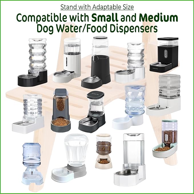 Dog Water Bowl Dispenser Stand for Medium Breeds - Elevated Raised Automatic Dog Food Feeder Holder - Adjustable Fit - Durable Bamboo