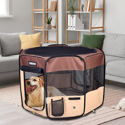 JESPET 61" Pet Dog Playpens, Portable Soft Dog Exercise Pen Kennel with Carry Bag for Puppy Cats Kittens Rabbits, Brown