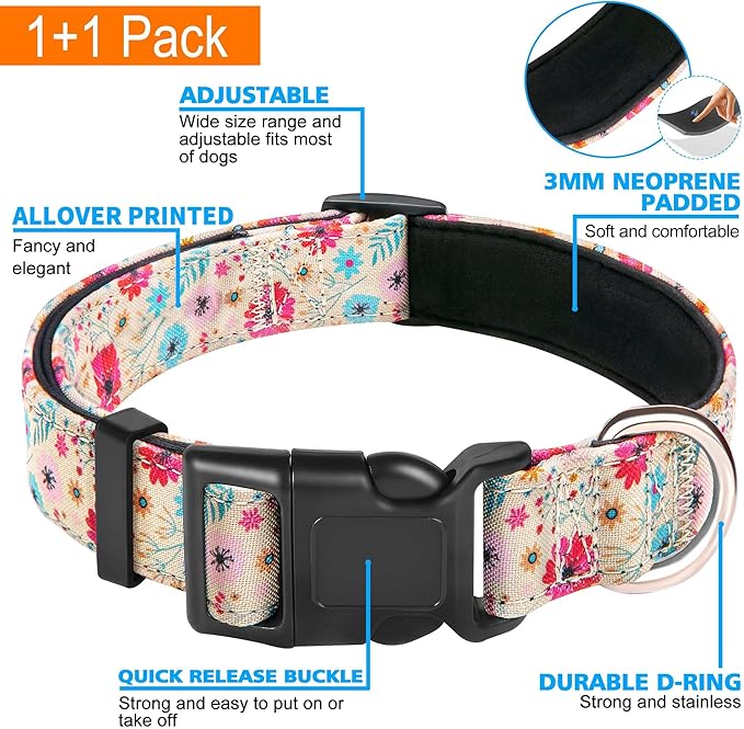 Ladoogo Reflective Dog Collar Padded with Soft Neoprene Breathable Adjustable Nylon Dog Collars for Small Medium Large Dogs (Large (Pack of 1), Vanila/Pink Floral Collar+Leash)