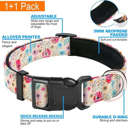 Ladoogo Reflective Dog Collar Padded with Soft Neoprene Breathable Adjustable Nylon Dog Collars for Small Medium Large Dogs (Small (Pack of 1), Vanila/Pink Floral Collar+Leash)