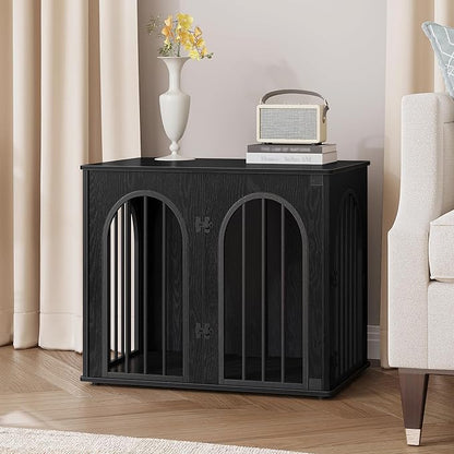 Hzuaneri 26.8'' Wooden Dog Crate Furniture, Indoor Dog Kennel Dogs Cage for Small Dogs, Heavy Duty Dog Crates Decorative Pet House End Side Table TV Stand, Black DFC85504B