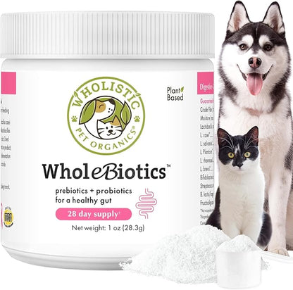 Wholistic Pet Organics WholeBiotics - Daily Dog Probiotics for Digestive Health Support & Immune Boost - 9 Strains - Prebiotics & Probiotics for Dogs & Cats - Gut Health for Dogs - 1 Oz - 28 Scoops