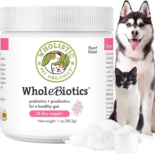 Wholistic Pet Organics WholeBiotics - Daily Dog Probiotics for Digestive Health Support & Immune Boost - 9 Strains - Prebiotics & Probiotics for Dogs & Cats - Gut Health for Dogs - 1 Oz - 28 Scoops