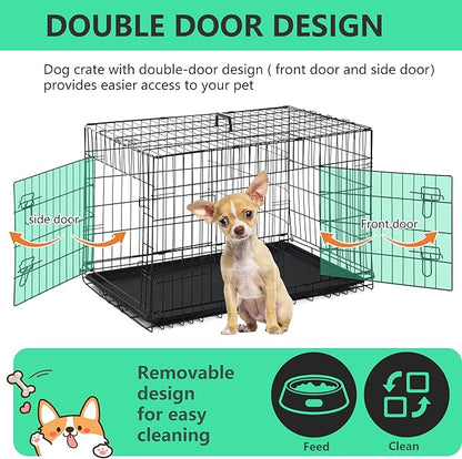 BestMassage Dog Crate Dog Kennel Cage with Double Door,24 inch Folding Metal Wire Dog Cage with Removable Tray&Divider Panel,Pet Crate for Small Dogs,Black