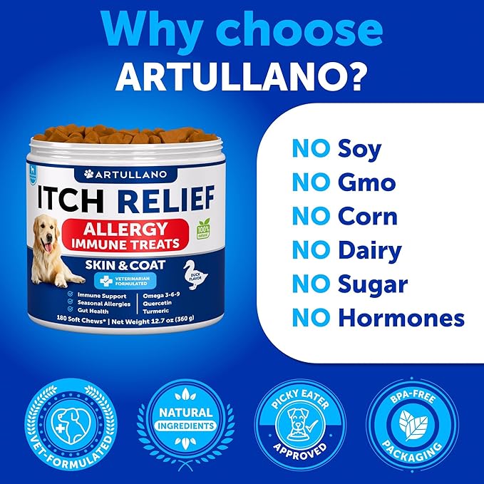 Dog Allergy Relief Chews - Itching Skin Relief for Dogs - 180 Soft Treats - Fish Oil - Omega 3 - Seasonal Allergies Pills - Skin & Coat, Anti Itch,Hot Spots Treatment - Canine Immune Health Supplement
