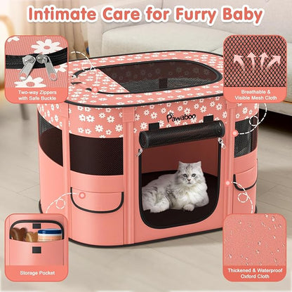 Dog Playpen, Portable Pet Cat PlayPen, 600D Oxford Dog Kennel Tent Crate, Breathable&Waterproof, Outdoor Indoor Travel Camping for Medium/Large Breed with Carrying Case+Bowl, L, Light Pink Flowers