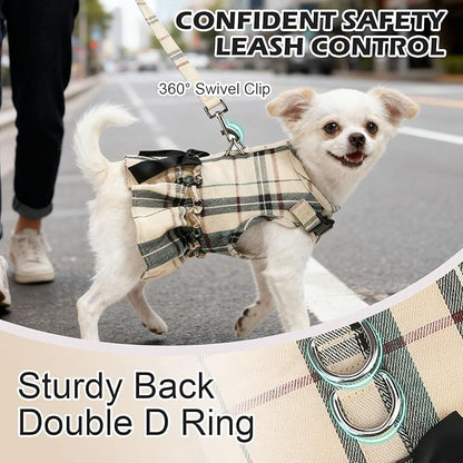 EXPAWLORER Dog Harness Small Medium Sized Dogs, Plaid Dog Dress Bowknot Harness and Leash Set, No Choke No Pull Soft Mesh Vest Cute Princess Puppy Outfits Clothes Costume for Girls Party Cats Beige M