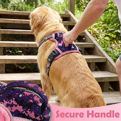 Funfox Dog Harness No Pull, Adjustable Pet Vest Harness, Super Soft Material with Vertical Handle Easy Control, Reflective Night Walking, 2 Leash Clips for XLarge Dogs, Mosaic Pink, XL