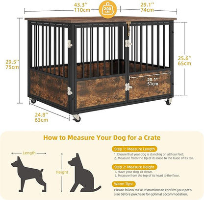 DWVO Dog Crate Furniture with Wheels, 43 Inch Dog Kennel Indoor Furniture End Table Dog Crate for Dogs, Farmhouse Decorative Wooden Dog Cage Table with Double-Doors, Chew-Resistant, Rustic Brown