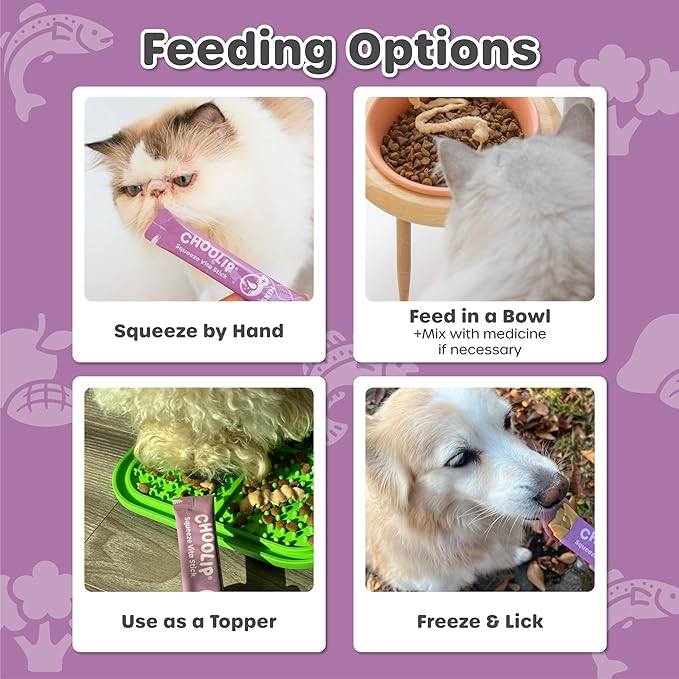 Choolip Squeeze Vita Stick Lickable Cat and Dog Treats, 7-Count Skin and Coat Support, Salmon and Pollack with Biotin and Vitamin E, Vet-Formulated