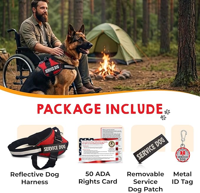 Service Dog Vest + ID Tag + 50 ADA Information Cards - Service Dog Harness in Sizes X Small to XX Large, Metal Dog Tag has Durable Clip, Service Animal Information Cards are 2-Sided. ESA Accessory Set