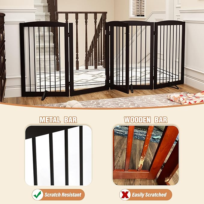 PUPETPO Freestanding Dog Gates with Door Walk Through, 80 inch Wide Gates Indoor, Dog Fences Indoor, Support Feet Included, 4 Panels, 32" Tall, Dark Brown