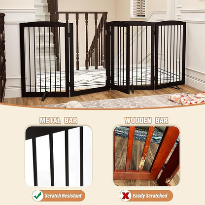 PUPETPO Freestanding Dog Gates with Door Walk Through, 80 inch Wide Gates Indoor, Dog Fences Indoor, Support Feet Included, 4 Panels, 32" Tall, Dark Brown