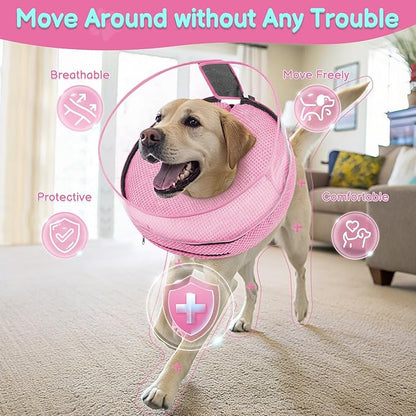 Soft Inflatable Dog Cone for Surgery Recovery, Protective Dog Donut Collar with Shield to Stop Licking Wounds, 2-in-1 Patented Comfort Blow-Up Collar for Small and Medium Pets (Pink, M+)