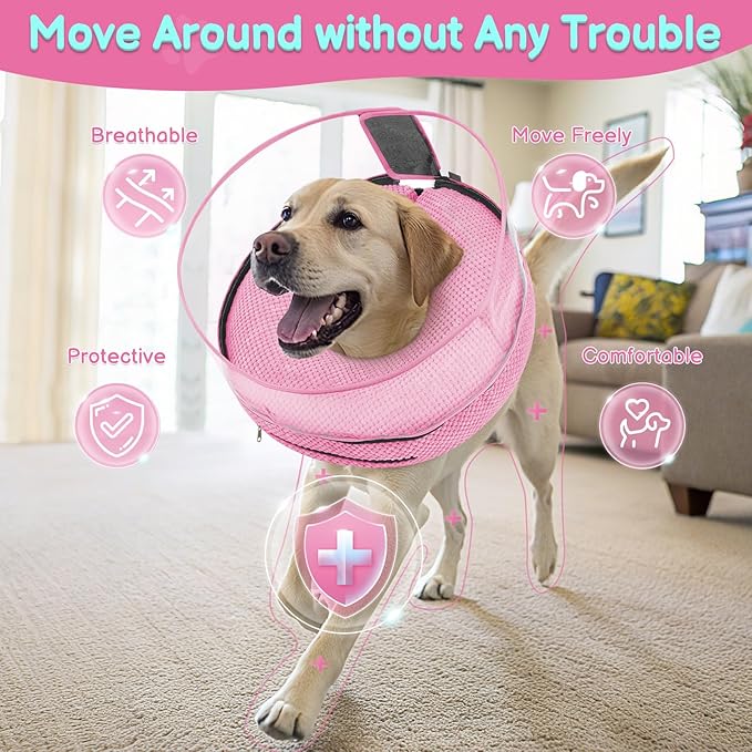 Soft Inflatable Dog Cone for Surgery Recovery, Protective Dog Donut Collar with Shield to Stop Licking Wounds, 2-in-1 Patented Comfort Blow-Up Collar for Small and Medium Pets (Pink, M)