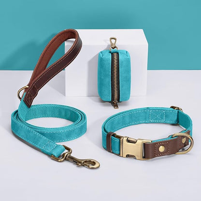 Didog Soft PU Leather Dog Collars for Medium Dogs,Classic Adjustable Dog Collars with Quick Release Metal Buckle,Easy Clean and Comfortable with Nylon Lining,Light Blue,M Neck 14-19"