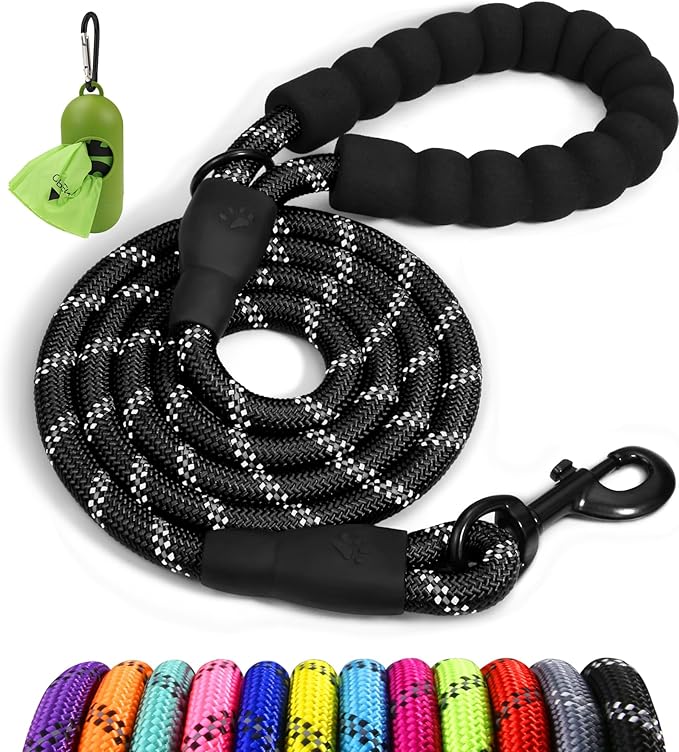 Taglory Rope Dog Leash 5 FT with Comfortable Padded Handle, Highly Reflective Threads Leash and Anti-Tangle Clip for Walking Small Dogs, 3/8 inch, Black