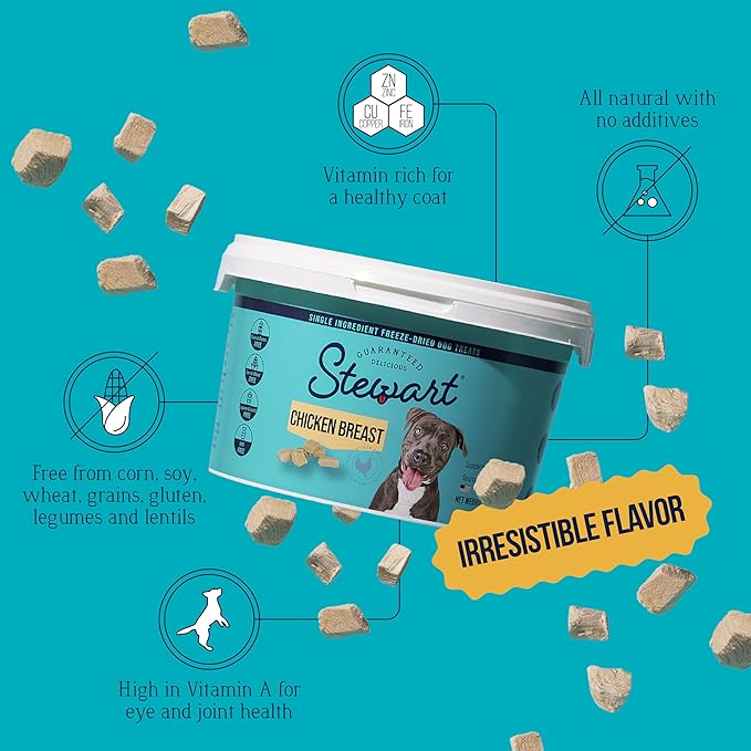 Stewart 100% Chicken Breast Dog Treats, 14.8 oz Tub, ~280 Pieces, Freeze Dried Raw, Single Ingredient, 74% Protein Training Treats or Meal Topper, Grain Free, Gluten Free